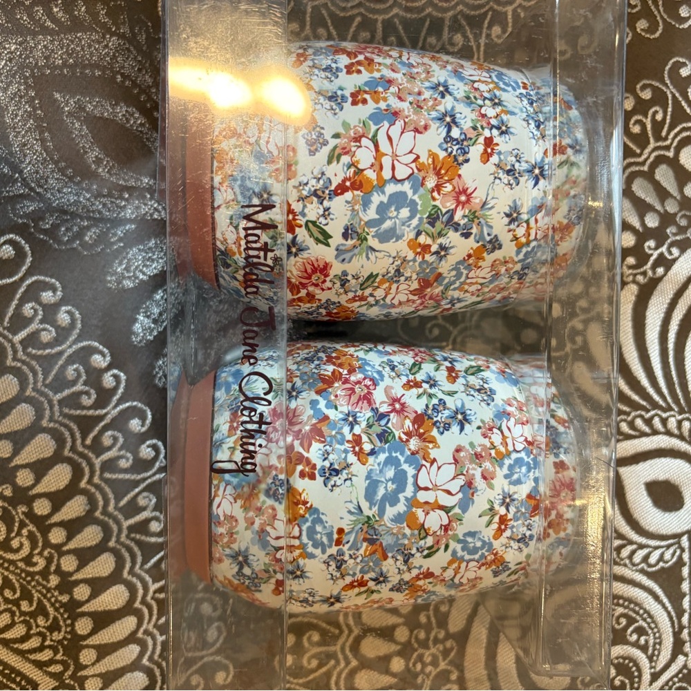 NIP Matilda Jane Wine Mug set with lids Blue and Orange Drinkware Set for Dining